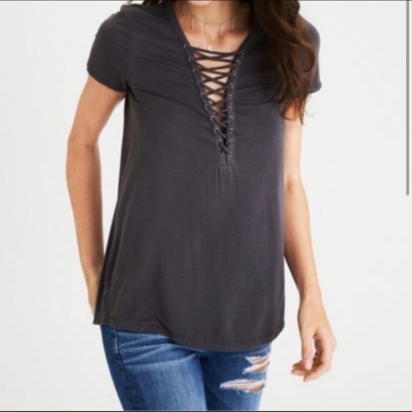 American Eagle Outfitters Tops - American Eagle Soft & Sexy Lace-Up Gray T-Shirt Womens Casual Top